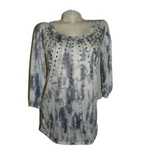 Blue Wht Poly Cotton Embellished 3/4 Sleeve Shirt